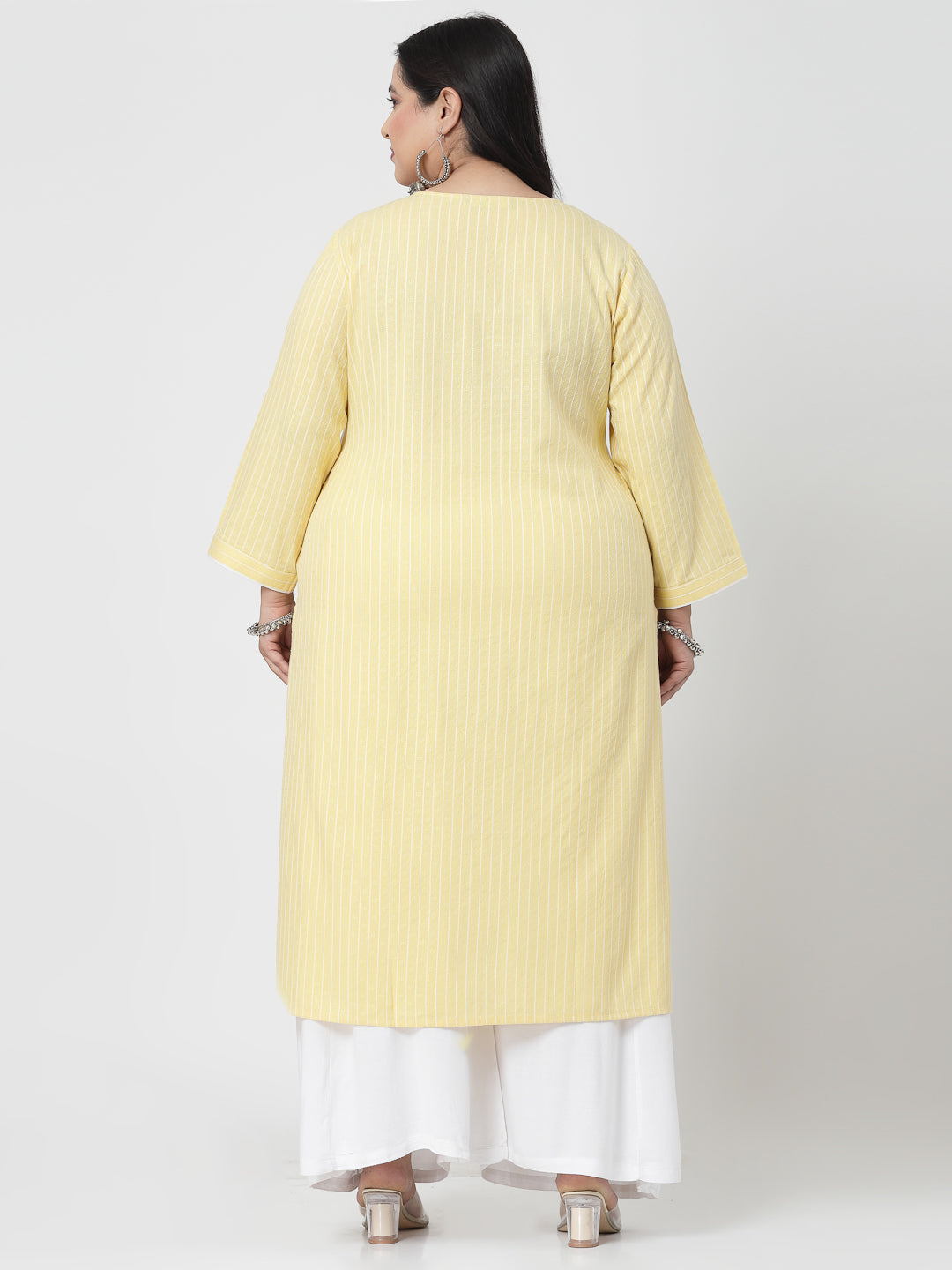 Women Plus Size Yellow Striped Yarn-Dyed Kurta - Kashyap Global Lifestyles LLP