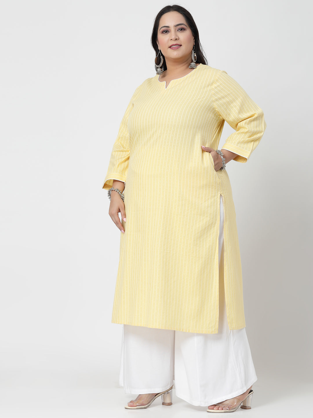 Women Plus Size Yellow Striped Yarn-Dyed Kurta - Kashyap Global Lifestyles LLP