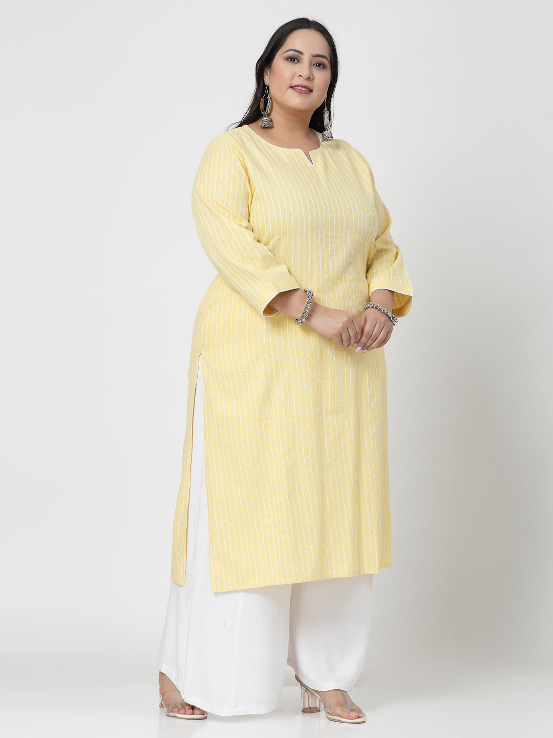 Women Plus Size Yellow Striped Yarn-Dyed Kurta - Kashyap Global Lifestyles LLP