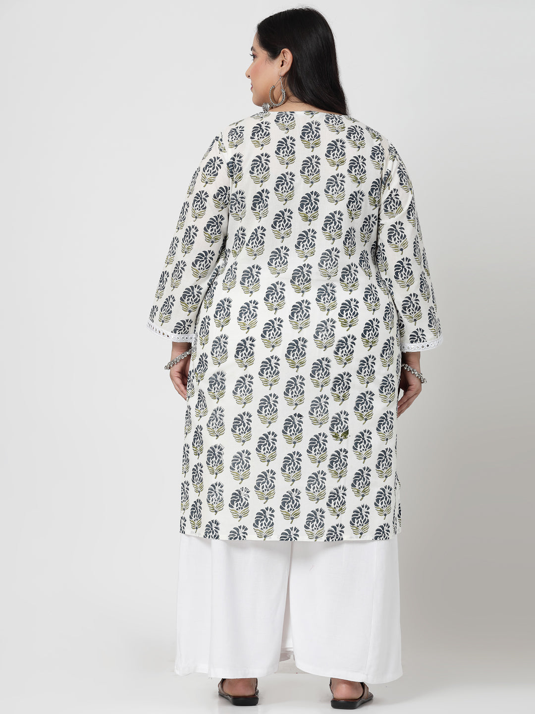 Women Plus Size White Handblock Printed V-Neck Mirror Work Kurta - Kashyap Global Lifestyles LLP