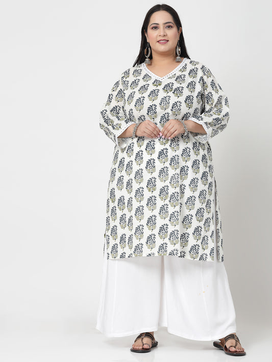 Women Plus Size White Handblock Printed V-Neck Mirror Work Kurta - Kashyap Global Lifestyles LLP