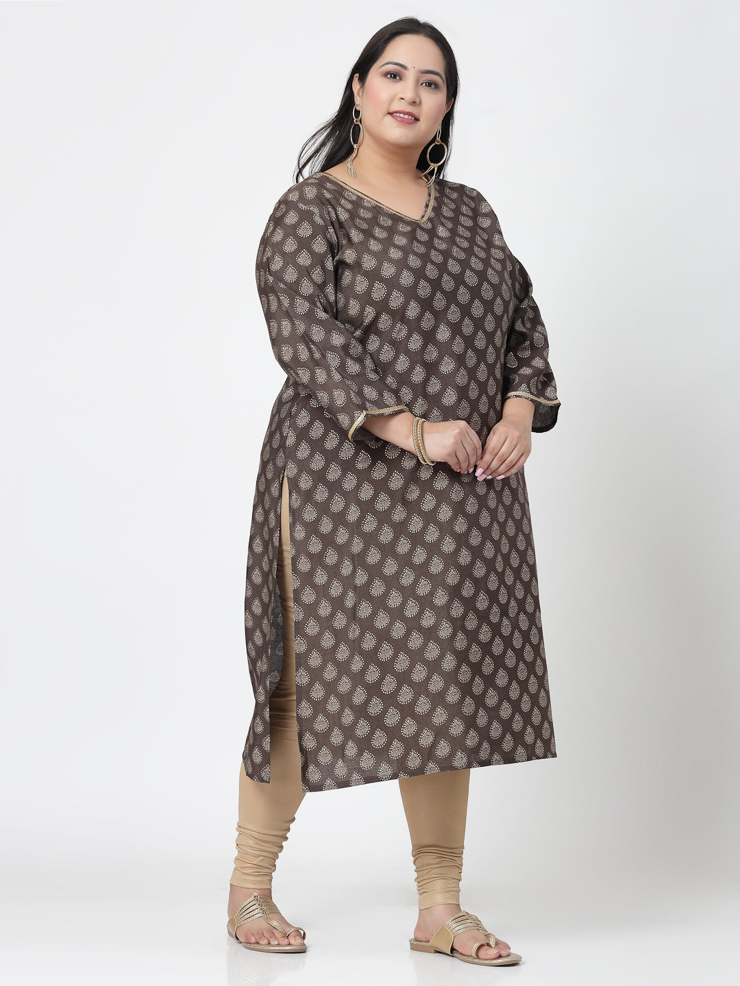 Women Plus Size Brown Ethnic Motifs Printed Sequinned Kurta - Kashyap Global Lifestyles LLP