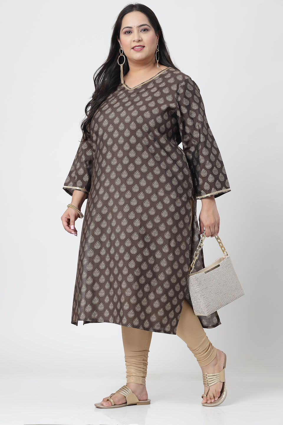 Women Plus Size Brown Ethnic Motifs Printed Sequinned Kurta - Kashyap Global Lifestyles LLP