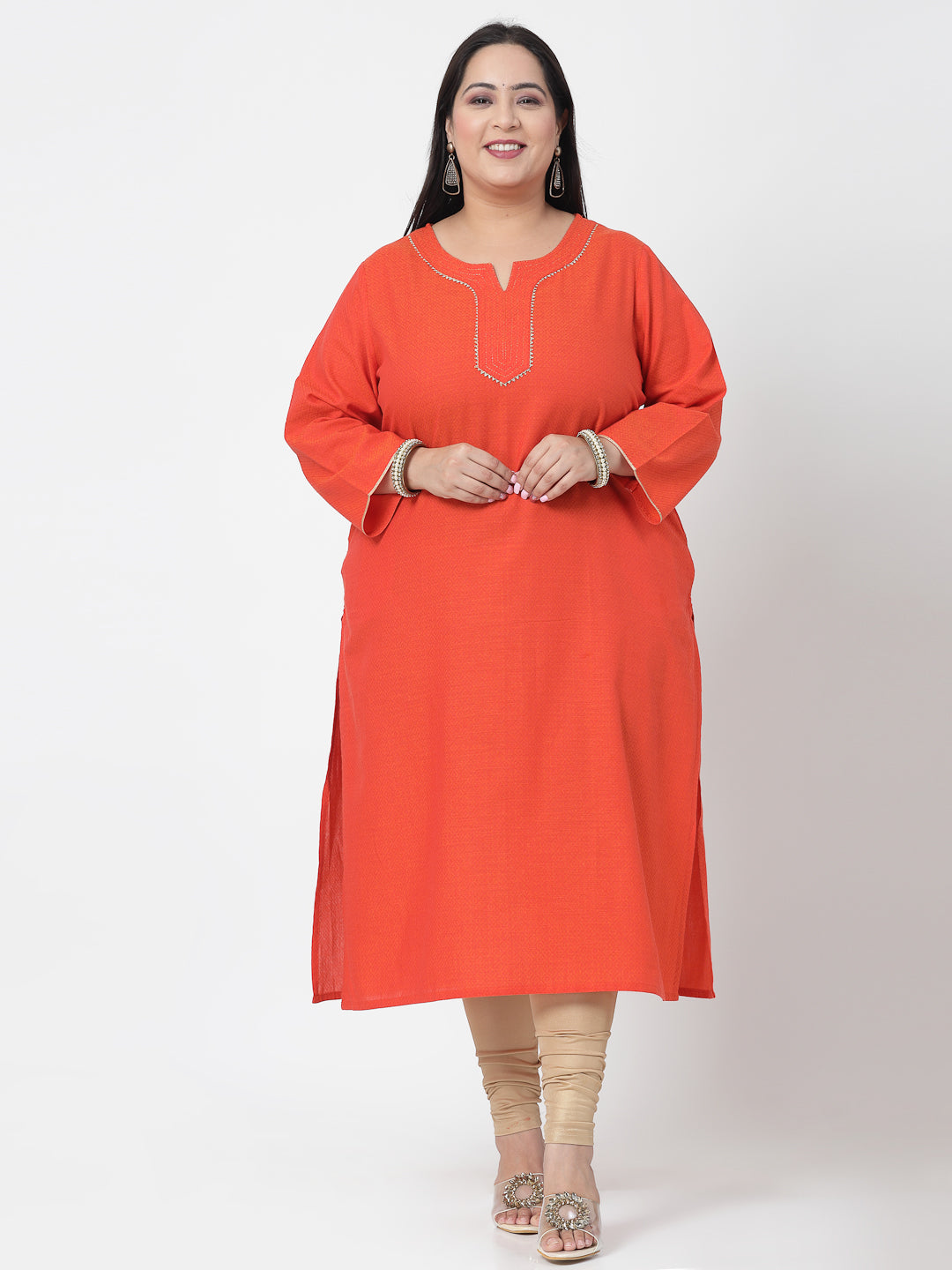 Women Plus Size Orange Festive Kurta With Lace - Kashyap Global Lifestyles LLP