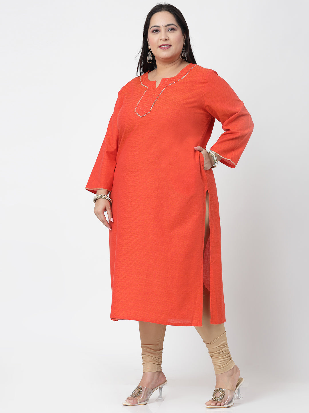 Women Plus Size Orange Festive Kurta With Lace - Kashyap Global Lifestyles LLP