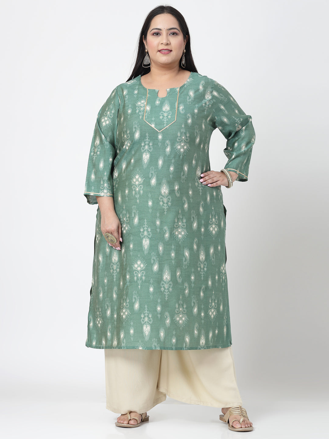 Women Plus Size Green Ethnic Motifs Printed Gotta Patti Kurta - Kashyap Global Lifestyles LLP