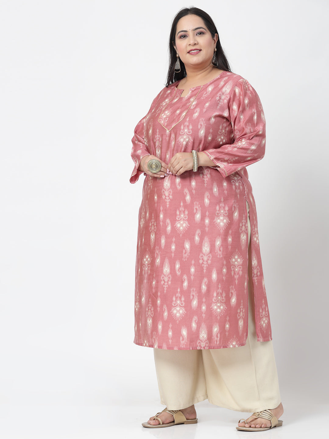 Women Plus Size Pink Ethnic Motifs Printed Gotta Patti Kurta - Kashyap Global Lifestyles LLP