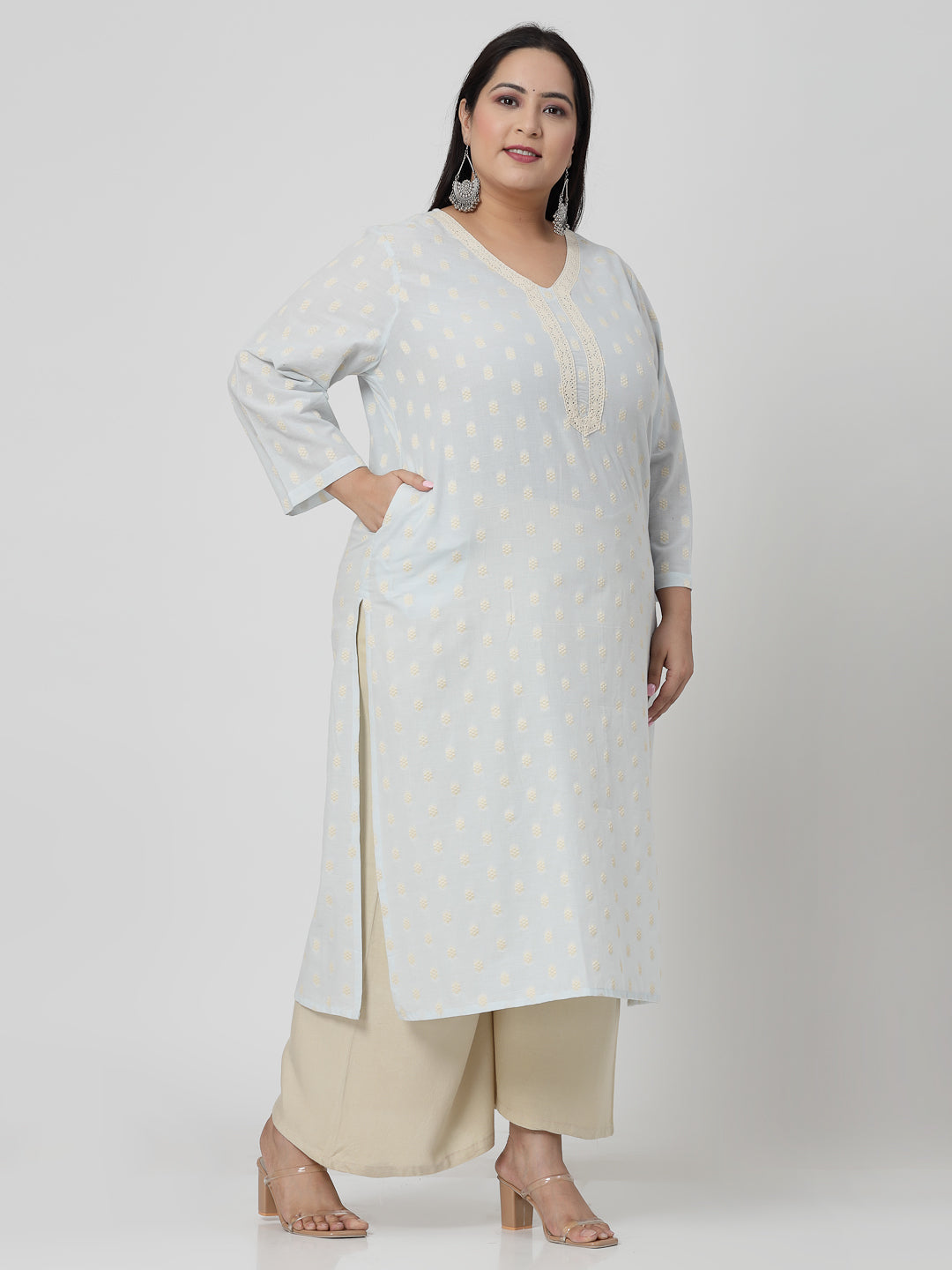 Women Sky Blue Cotton Dobby Kurta With Lace