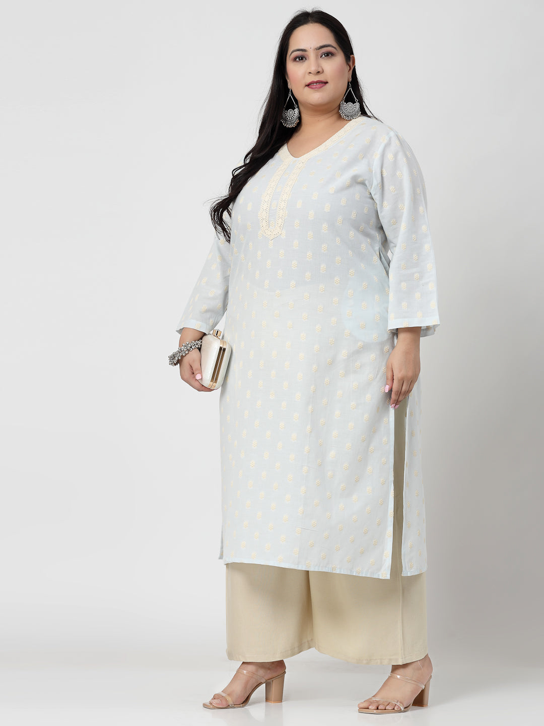 Women Sky Blue Plus Size Cotton Dobby Kurta With Lace - Kashyap Global Lifestyles LLP