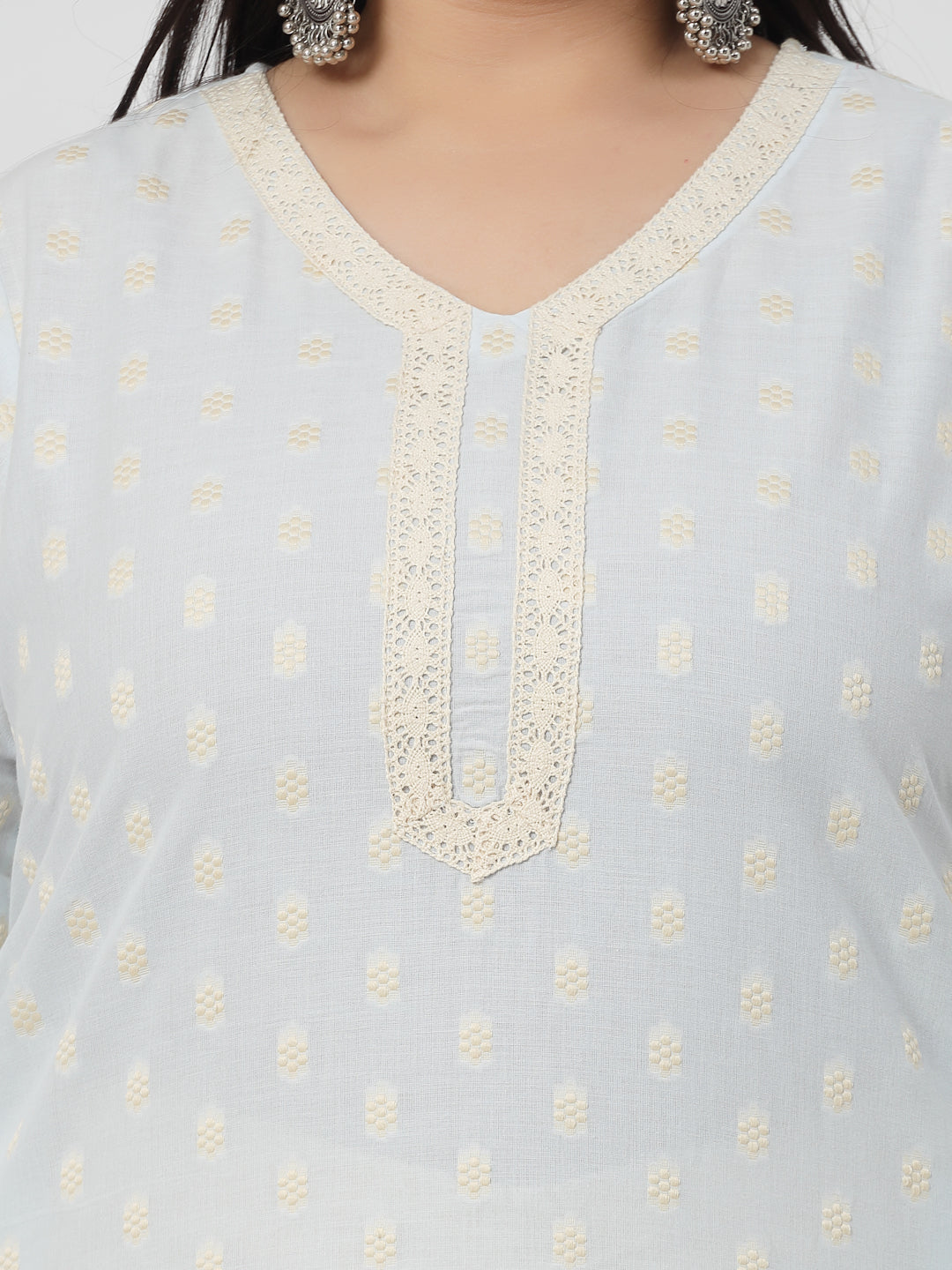 Women Sky Blue Plus Size Cotton Dobby Kurta With Lace - Kashyap Global Lifestyles LLP