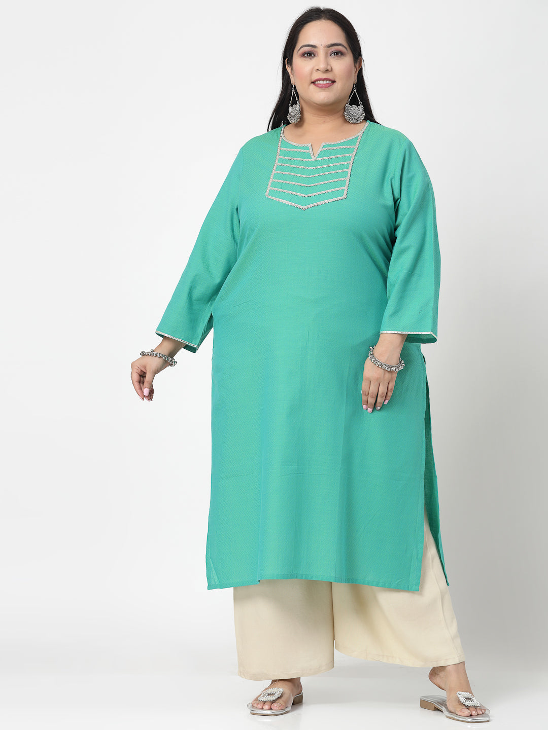 Women Plus Size Light Green Festive Kurta With Lace - Kashyap Global Lifestyles LLP