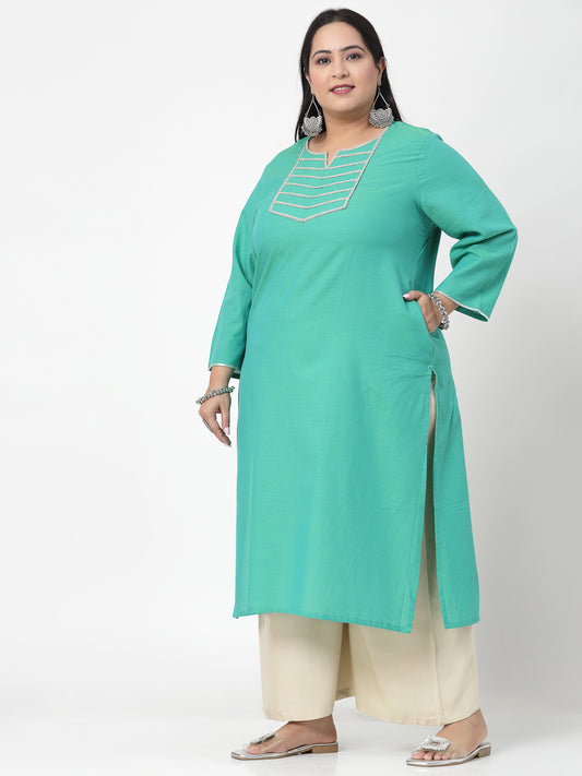 Women Plus Size Light Green Festive Kurta With Lace - Kashyap Global Lifestyles LLP