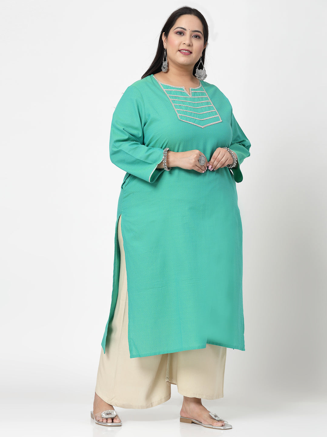 Women Plus Size Light Green Festive Kurta With Lace - Kashyap Global Lifestyles LLP