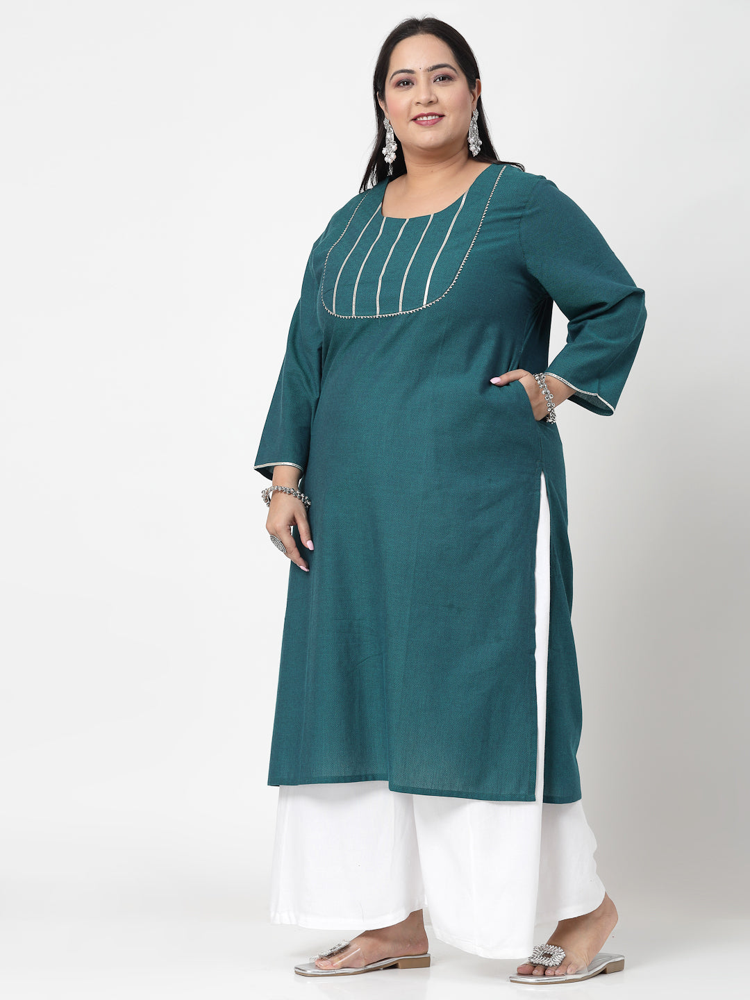 Women Plus Size Dark Green Festive Kurta With Lace - Kashyap Global Lifestyles LLP