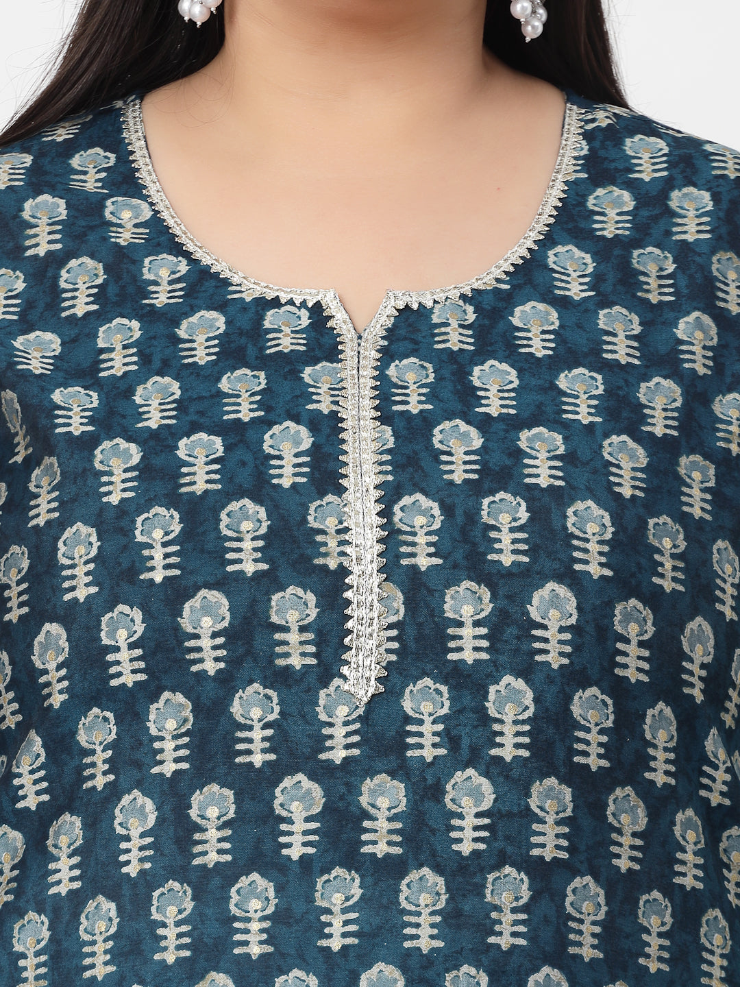 Women Plus Size Blue Printed Kurta With Lace - Kashyap Global Lifestyles LLP