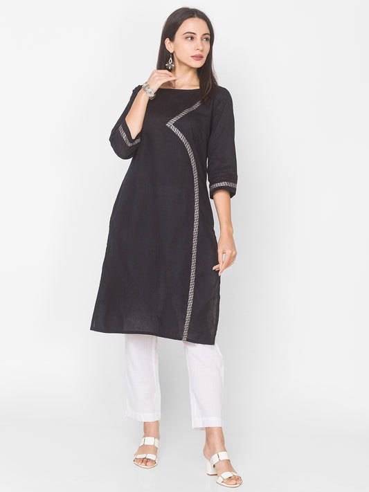 Women Black Self Dobby Cotton Kurta - Kashyap Global Lifestyles LLP