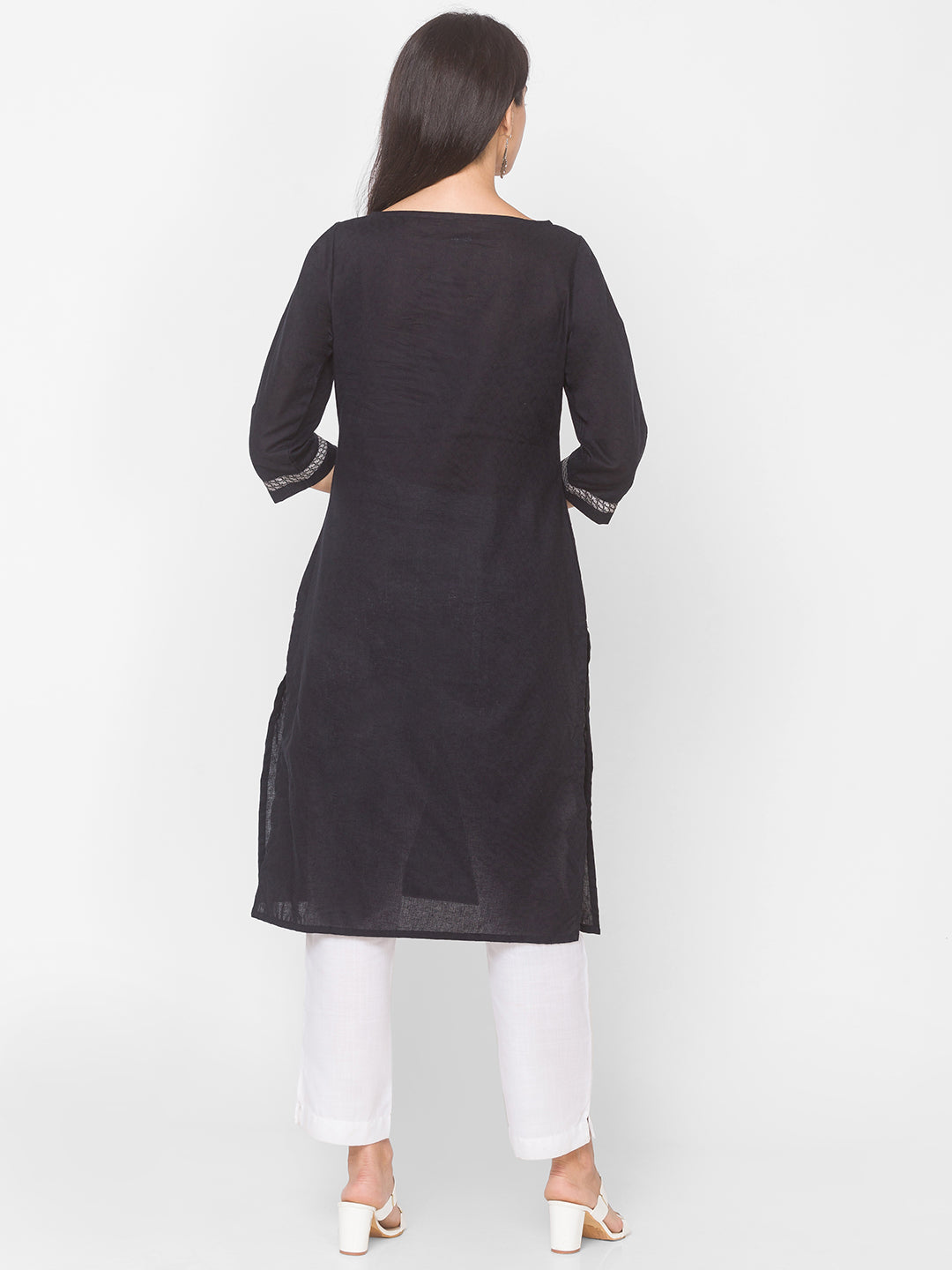Women Black Self Dobby Cotton Kurta - Kashyap Global Lifestyles LLP
