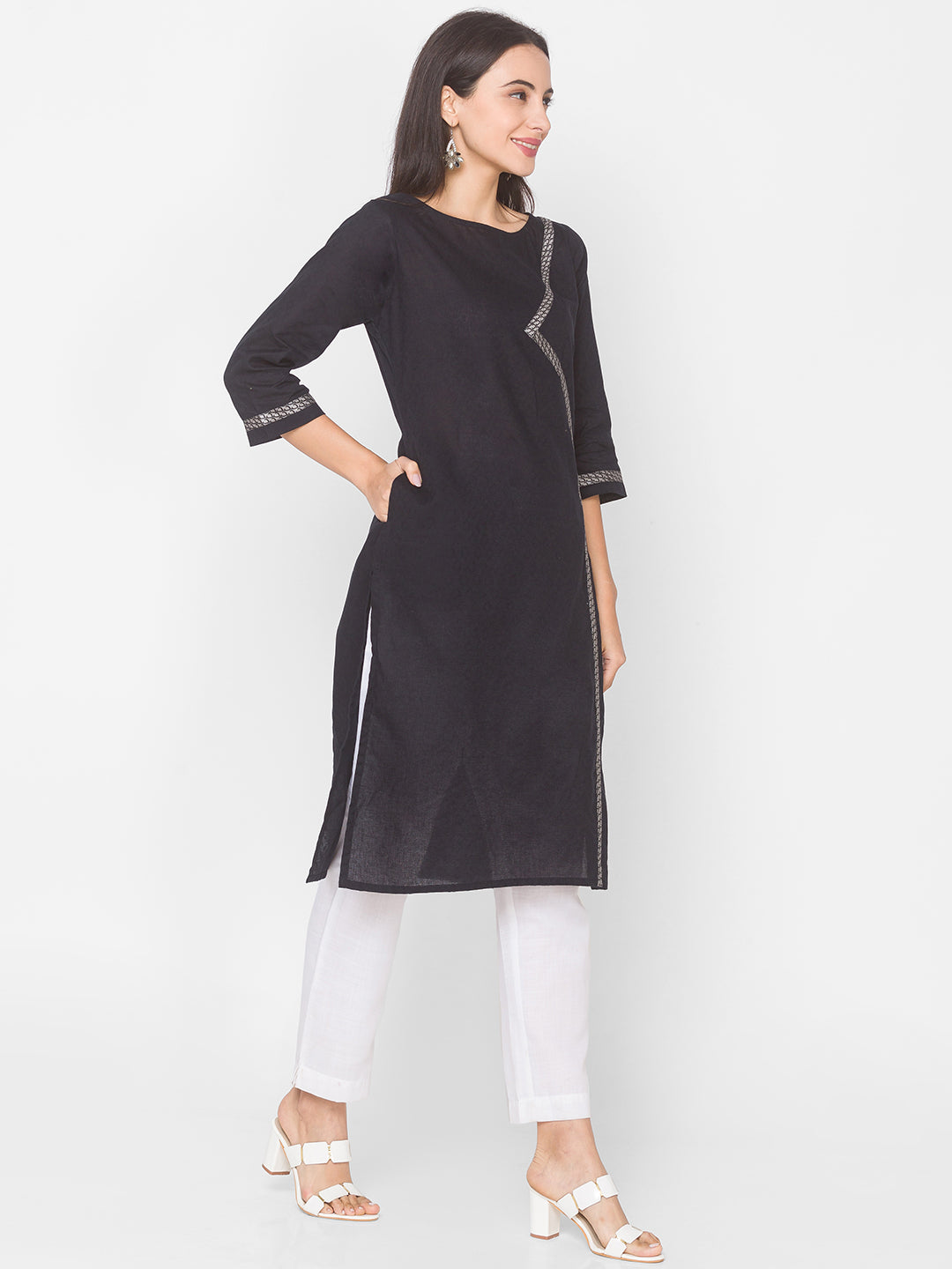 Women Black Self Dobby Cotton Kurta - Kashyap Global Lifestyles LLP
