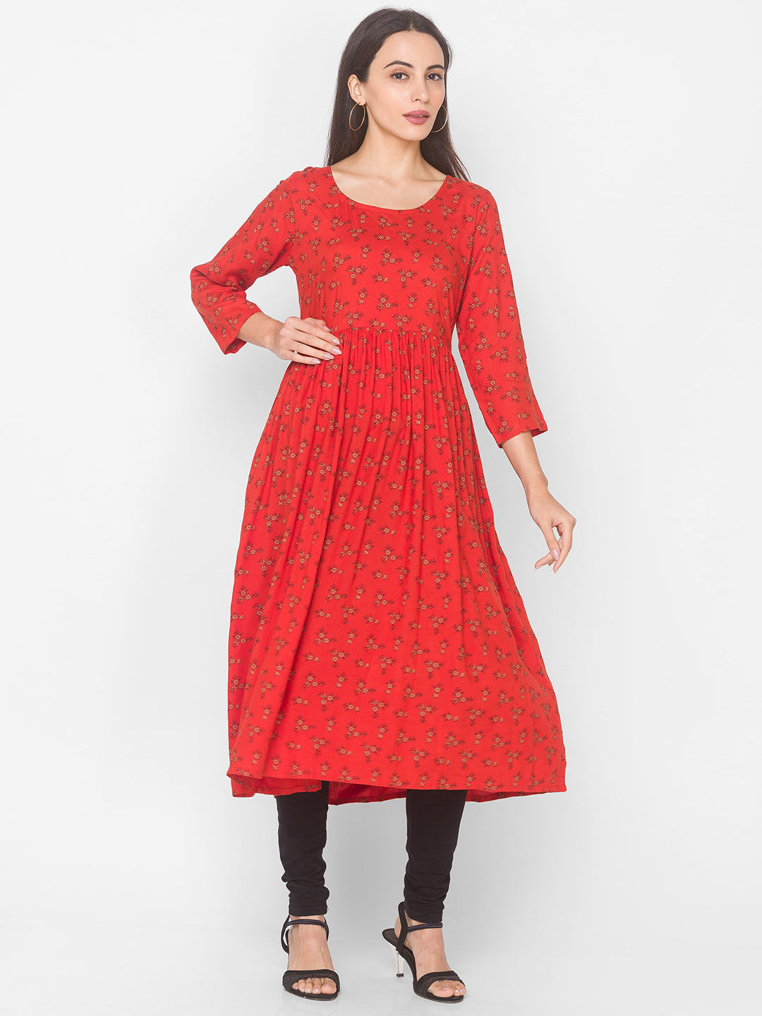 Women Orange Floral Anarkali Kurta - Kashyap Global Lifestyles LLP