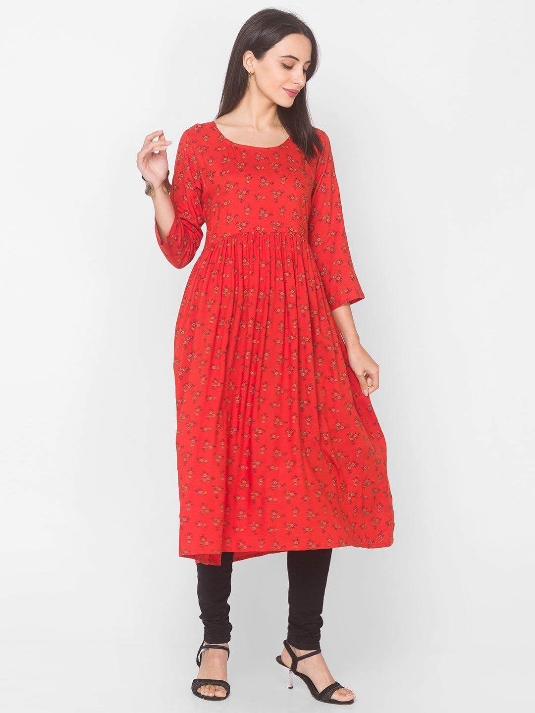 Women Orange Floral Anarkali Kurta - Kashyap Global Lifestyles LLP