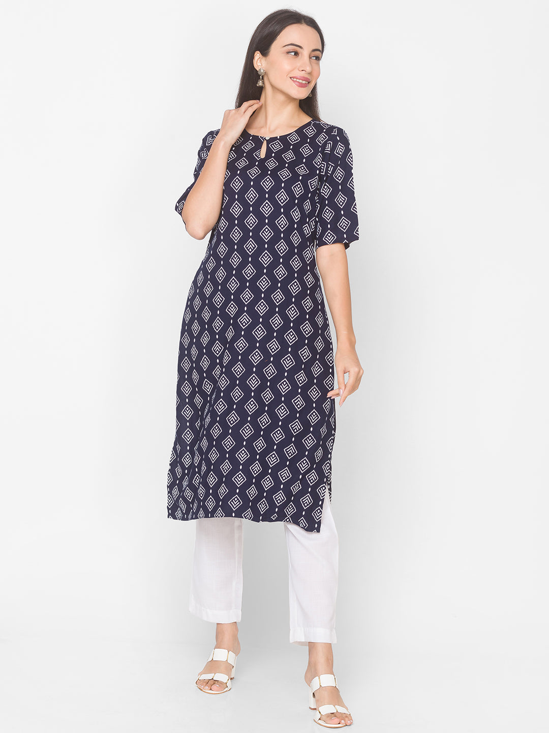 Women Navy Blue Printed Keyhole Neck Straight Kurta - Kashyap Global Lifestyles LLP