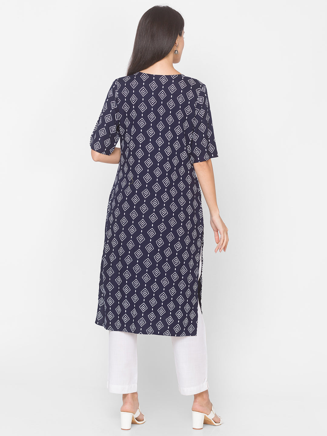 Women Navy Blue Printed Keyhole Neck Straight Kurta - Kashyap Global Lifestyles LLP