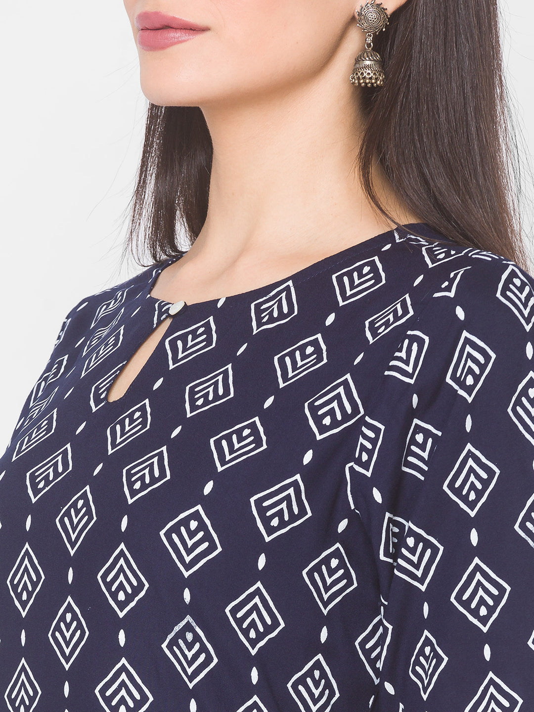 Women Navy Blue Printed Keyhole Neck Straight Kurta - Kashyap Global Lifestyles LLP