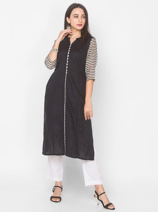 Women Cotton Straight Kurta With Contrast Sleeve - Kashyap Global Lifestyles LLP