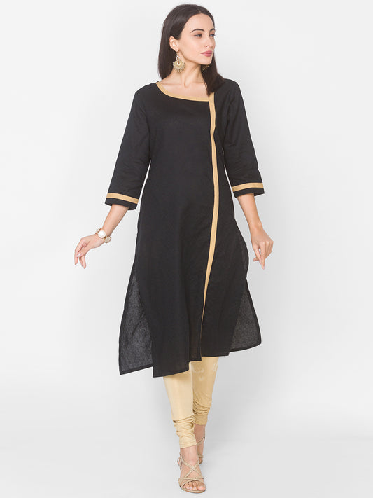 Women Black Self Dobby Calf Length Kurta With Pocket - Kashyap Global Lifestyles LLP