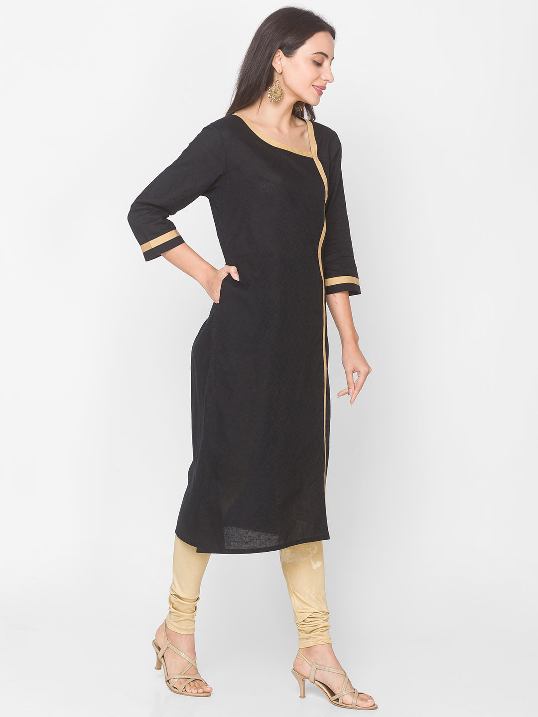 Women Black Self Dobby Calf Length Kurta With Pocket - Kashyap Global Lifestyles LLP