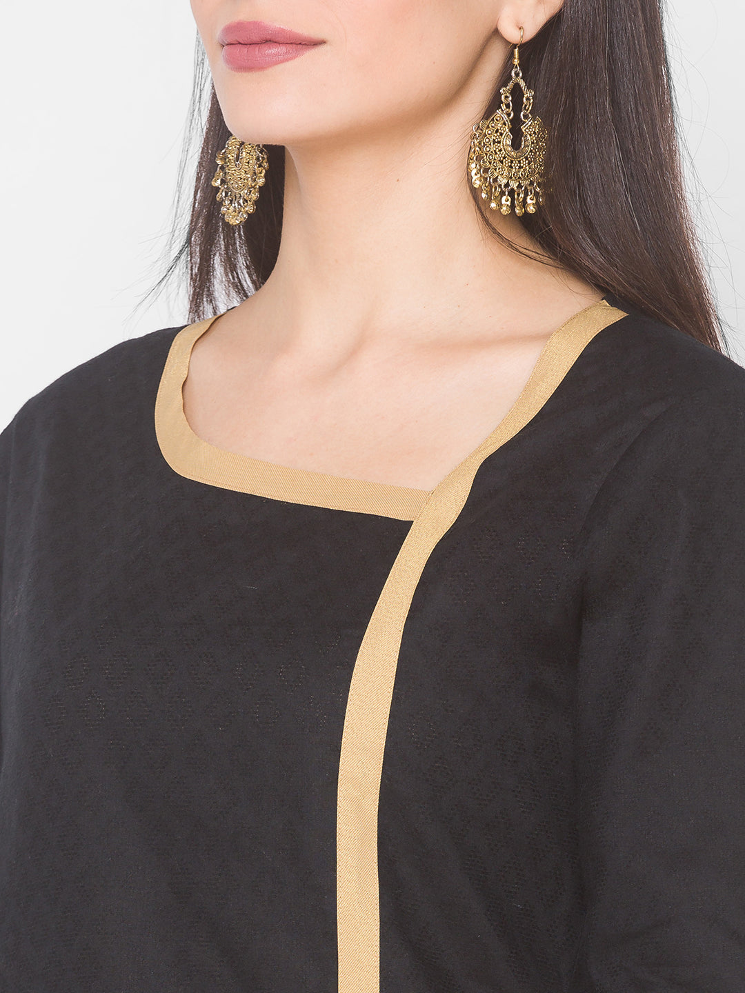 Women Black Self Dobby Calf Length Kurta With Pocket - Kashyap Global Lifestyles LLP