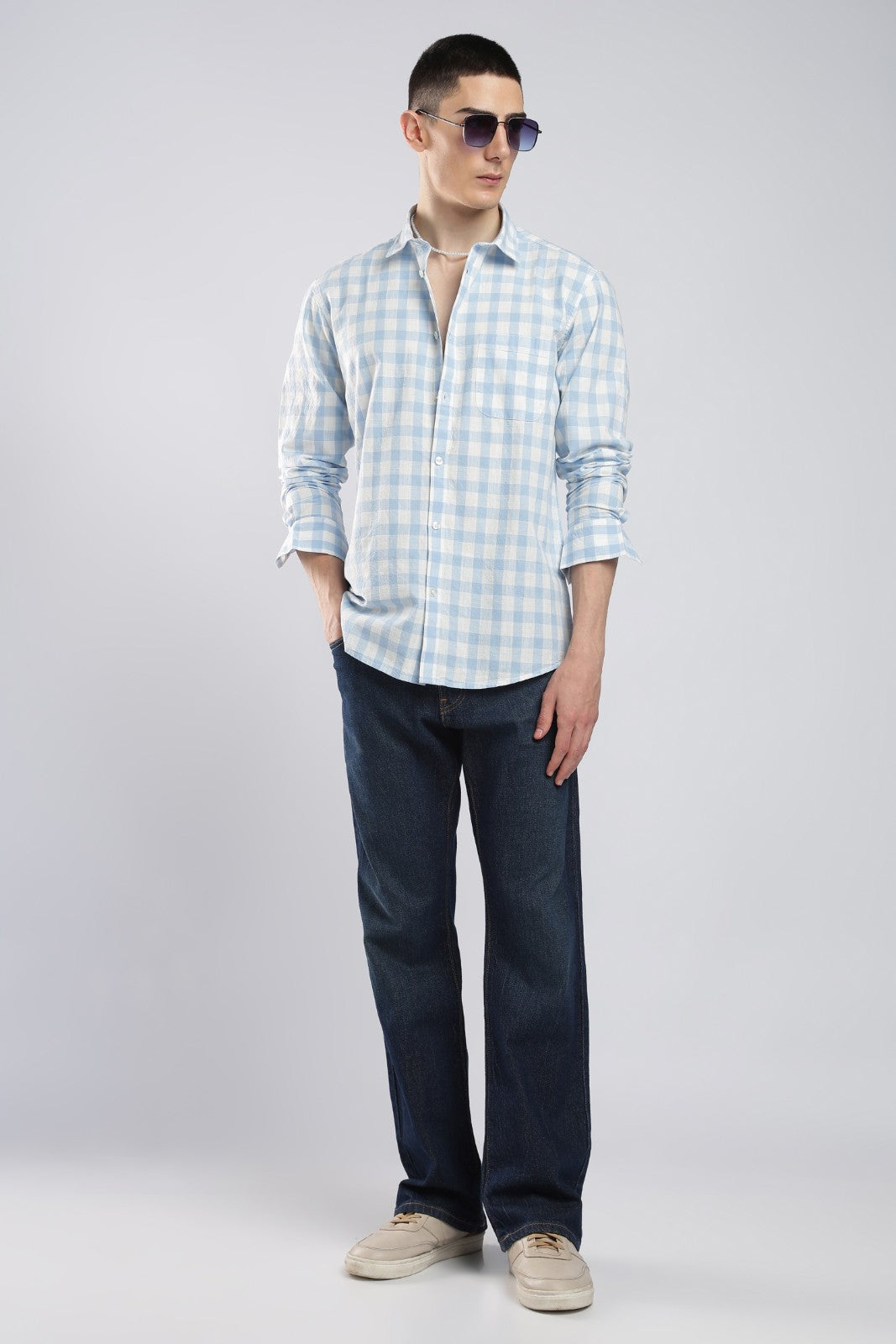 Blue Cotton Check Casual Shirt
