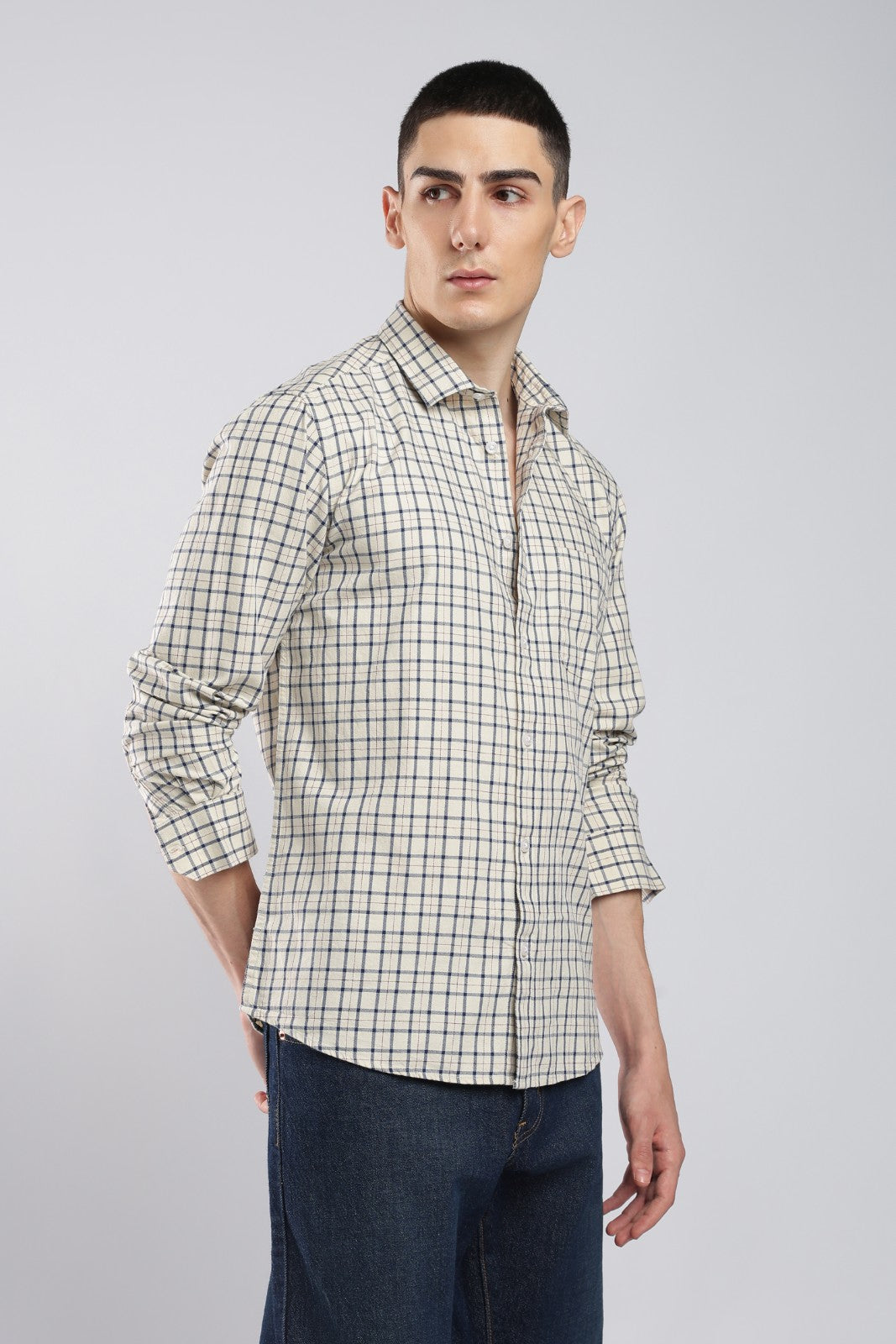Off White Twill Check Casual Shirt