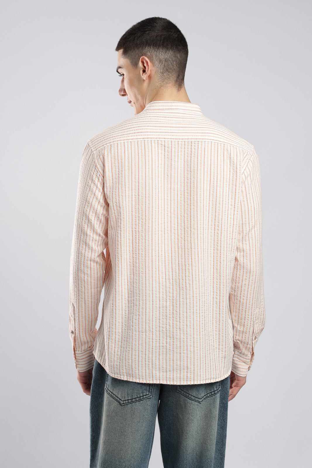 Multicolor Orange Seersucker Stripe Short Kurta