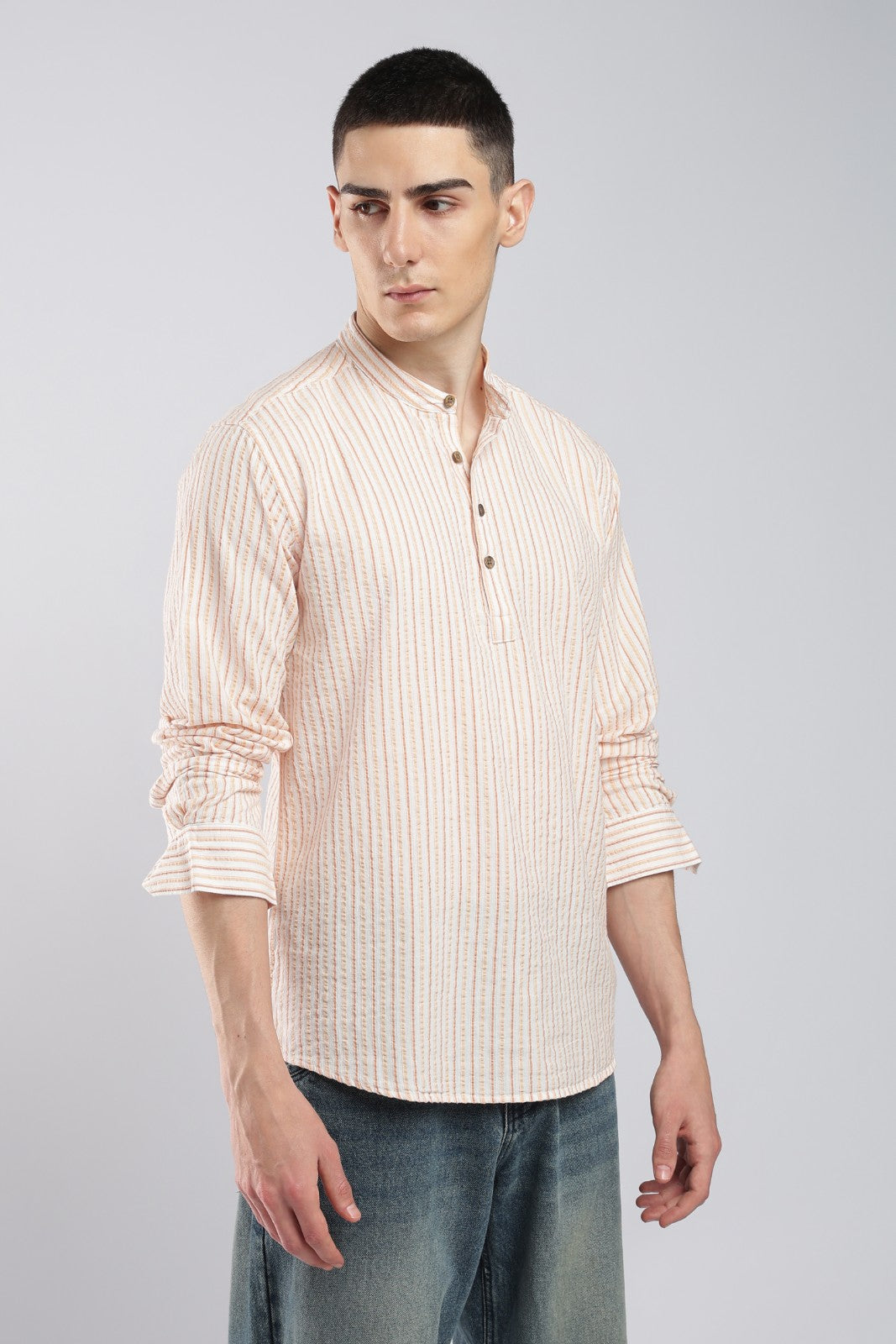 Multicolor Orange Seersucker Stripe Short Kurta
