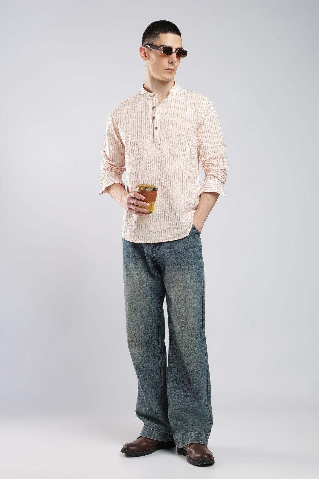 Multicolor Orange Seersucker Stripe Short Kurta