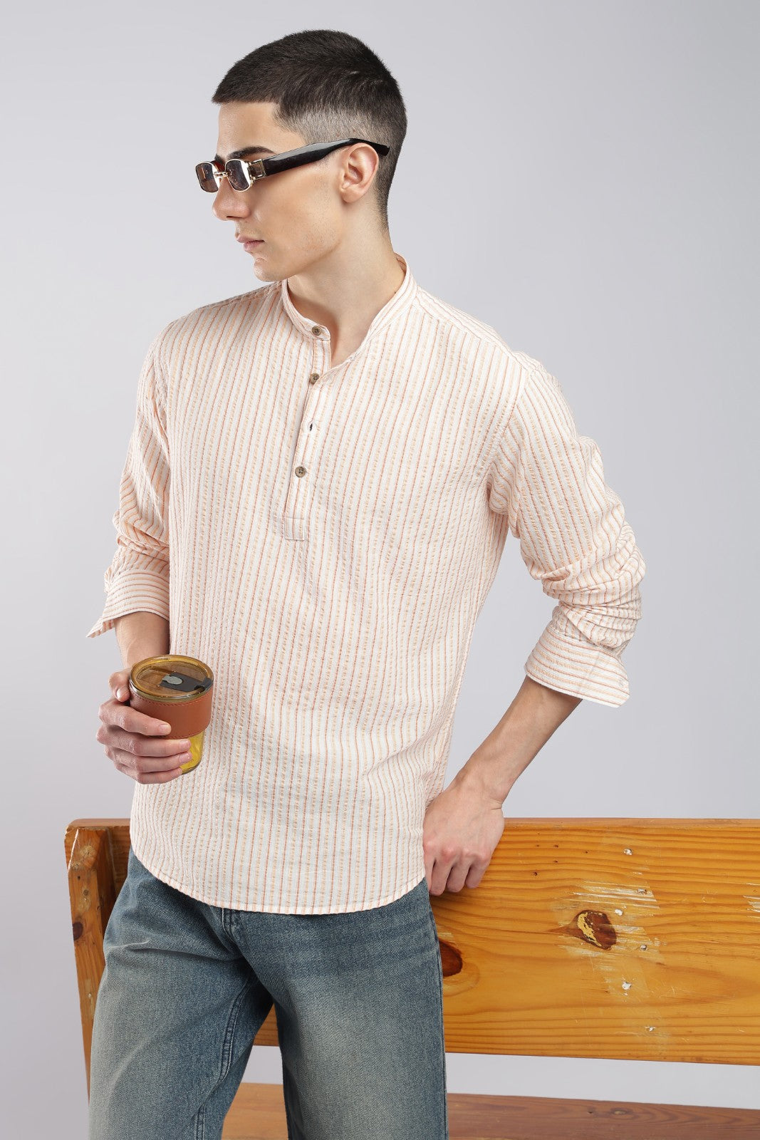 Multicolor Orange Seersucker Stripe Short Kurta