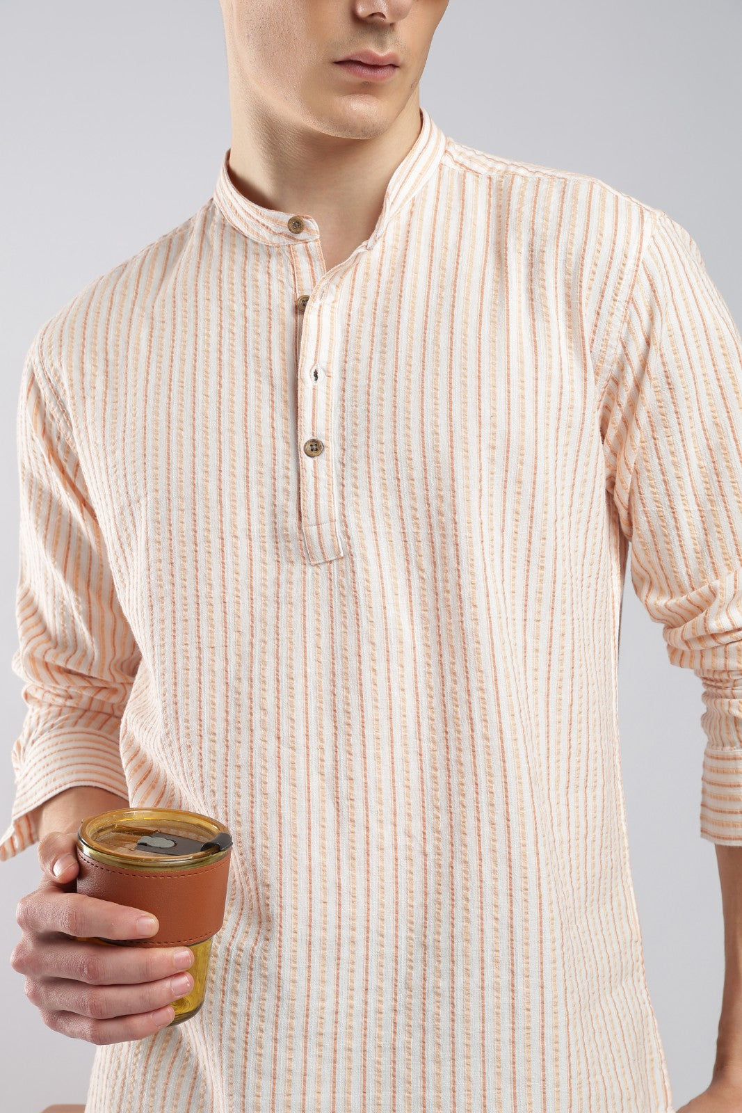 Multicolor Orange Seersucker Stripe Short Kurta