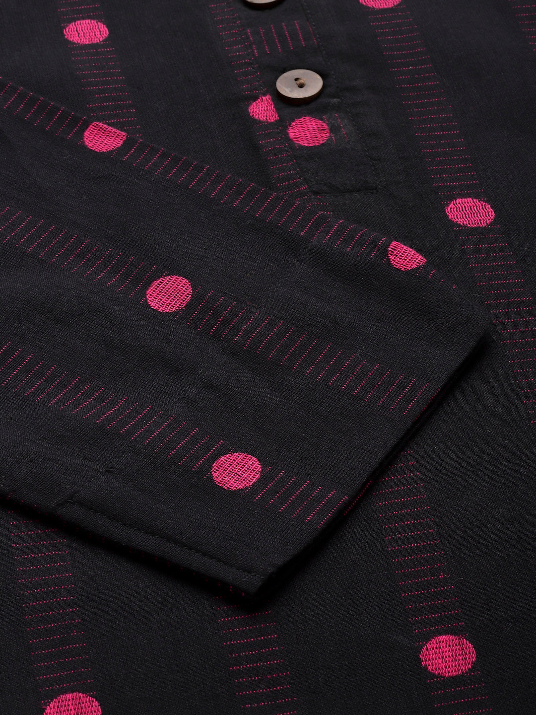 Women Black Mandrian Collar Woven Design Kurta - Kashyap Global Lifestyles LLP