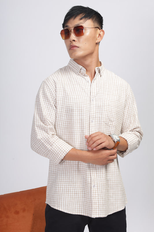 Uri Light Brown Gingham Check Cotton Shirt
