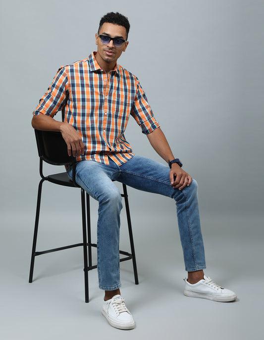 Men Orange Checked Cotton Regular Fit Casual Shirt - Kashyap Global Lifestyles LLP