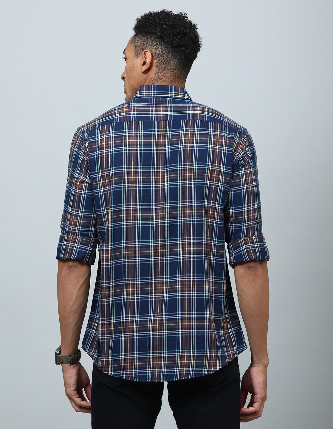 Men Navy Blue and Brown Checked Casual Shirt - Kashyap Global Lifestyles LLP