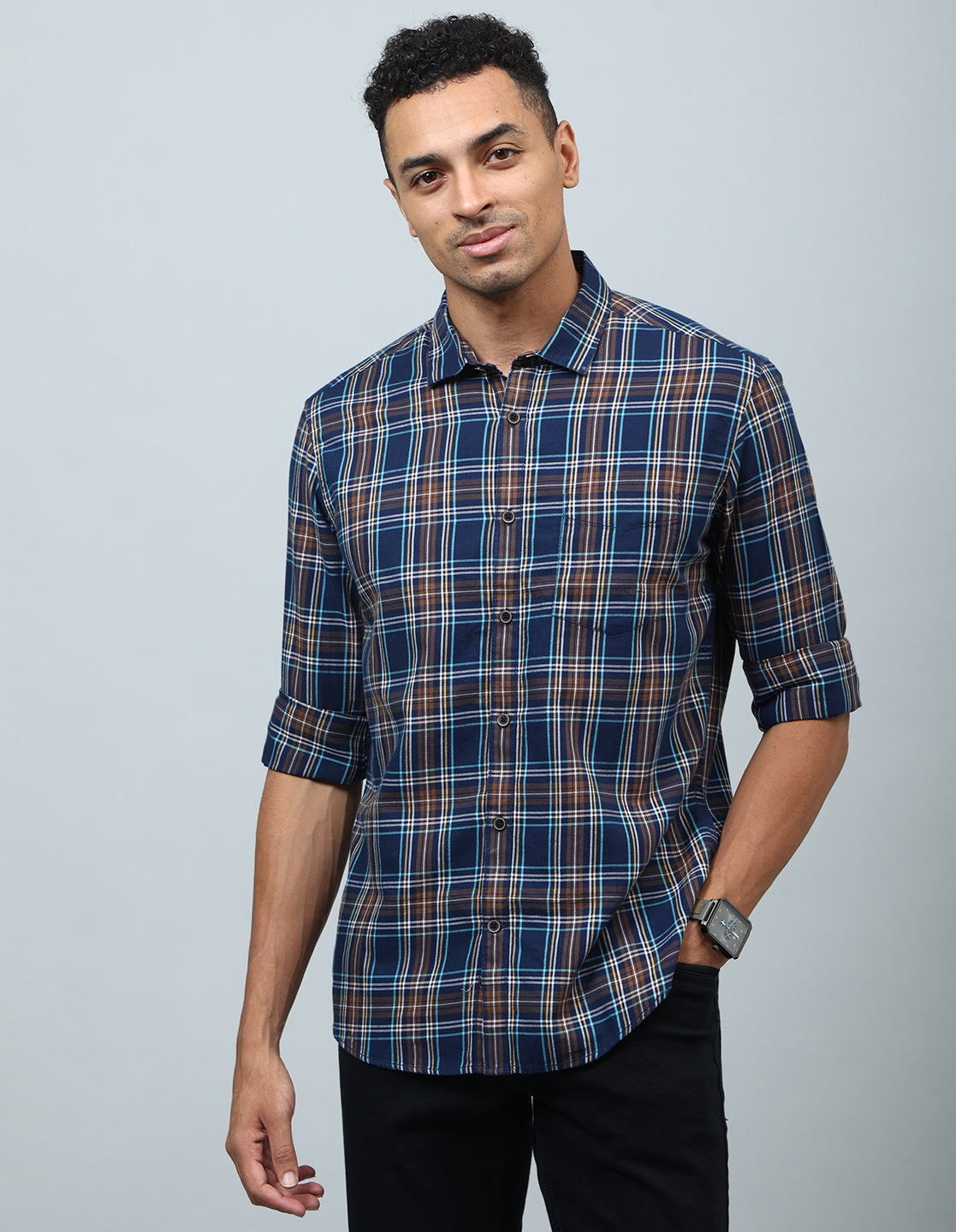 Men Navy Blue and Brown Checked Casual Shirt - Kashyap Global Lifestyles LLP