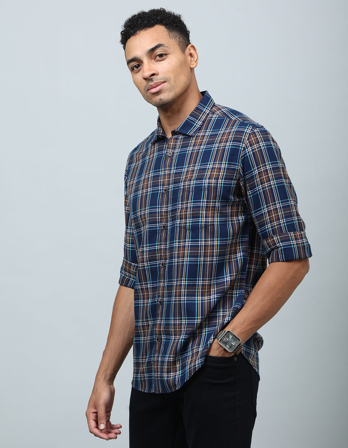 Men Navy Blue and Brown Checked Casual Shirt - Kashyap Global Lifestyles LLP