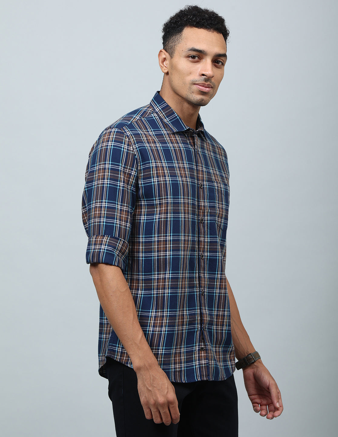 Men Navy Blue and Brown Checked Casual Shirt - Kashyap Global Lifestyles LLP