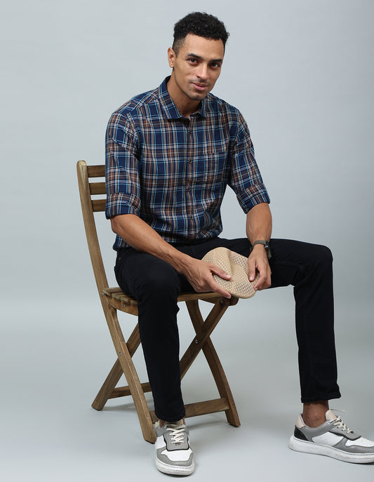 Men Navy Blue and Brown Checked Casual Shirt - Kashyap Global Lifestyles LLP