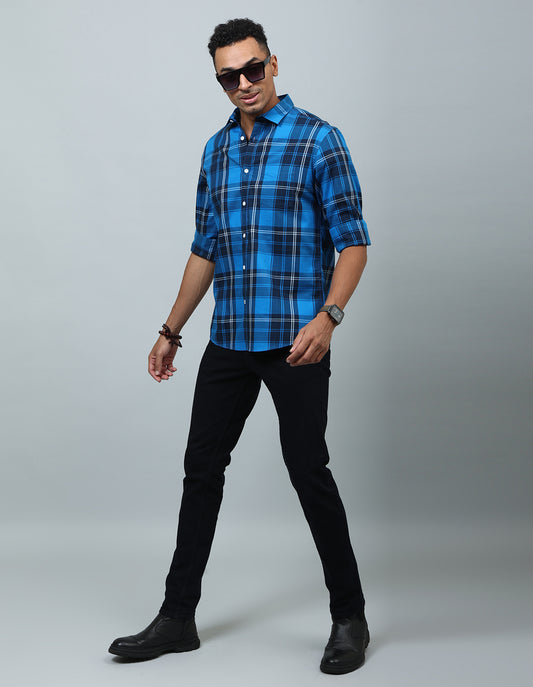 Men Dark Blue Checked Casual Shirt - Kashyap Global Lifestyles LLP