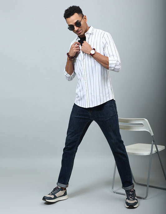 Men White Regular Fit Striped Casual Shirt - Kashyap Global Lifestyles LLP