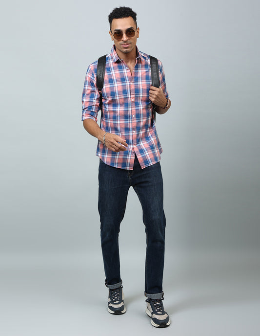 Men Peach Checked Regular Fit Casual Shirt - Kashyap Global Lifestyles LLP