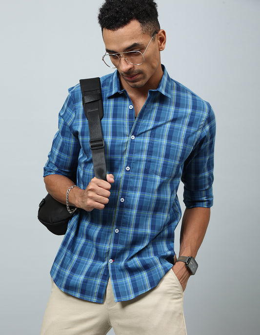 Men Blue Checked Cotton Regular Fit Casual Shirt - Kashyap Global Lifestyles LLP